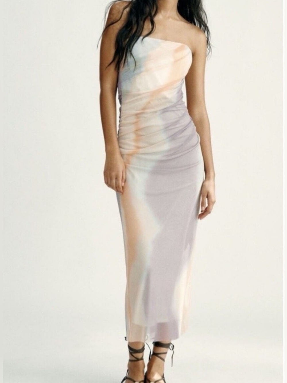 Zara Strapless Pastel Tie-Dye Print Midi Dress, Size M